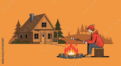Cozy cabin retreat with campfire and roasting marshmallows vector illustration