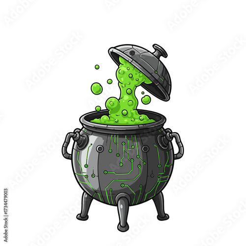 Bubbling cauldron with glowing green potion and intricate designs