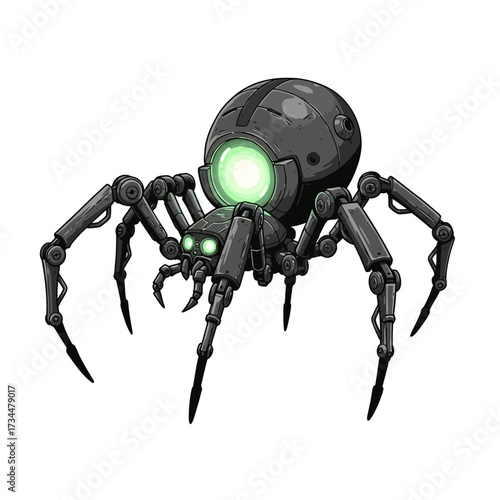 Futuristic robotic spider with glowing green eyes and metallic body