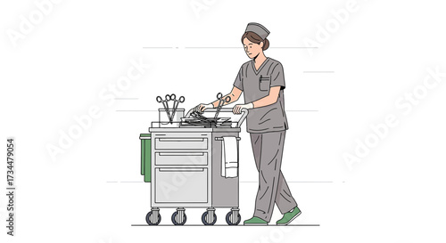 Dedicated nurse pushing medical trolley loaded with essential surgical instruments and supplies