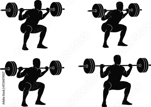 Black silhouette illustration of barbell squat exercise showing multiple positions, strength training workout, fitness technique, bodybuilding, and gym movement sequence