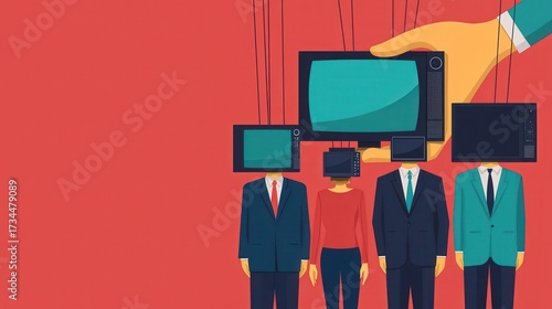 A surreal illustration of people with TV sets for heads, highlighting themes of media influence and conformity against a vibrant red background.