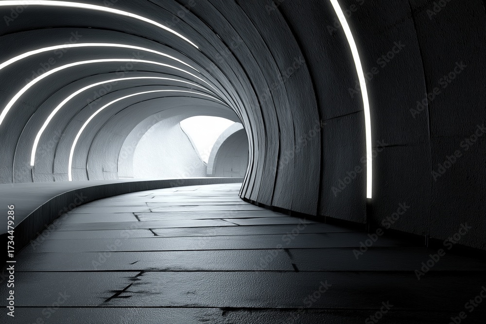 Fototapeta premium Brutalist concrete tunnel interior. Curving modular segments, modern architecture