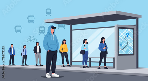 Diverse group of people waiting at a modern bus stop with digital map display and transportation