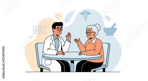 Doctor consulting with senior woman patient, illustration of healthcare consultation