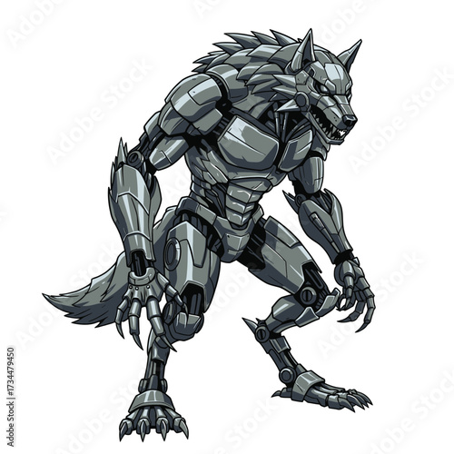 Futuristic cyborg werewolf stands ready for action in a dynamic pose
