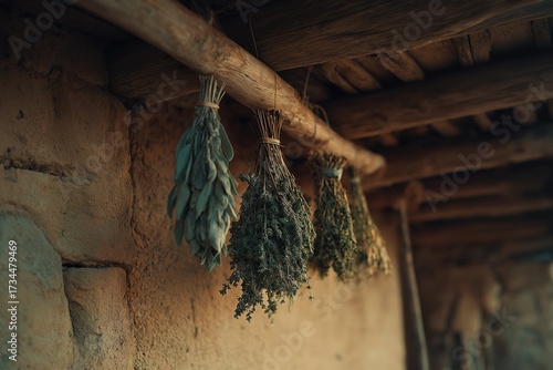 Bunches of dried herbs rosemary, sage, thyme hanging upside down from wooden beam