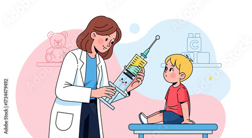 Doctor giving vaccine shot to a child vector illustration, healthcare for kids, medical cartoon