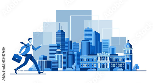 Dynamic business professional rushes through modern city scape illustration blue palette