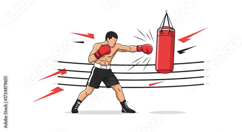 Dynamic boxing training illustration featuring a muscular man punching a red bag with great energy