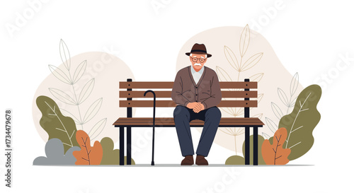 Elderly man sits on park bench contemplating life among tranquil nature scenes