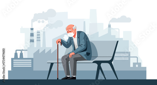 Elderly man wearing mask sitting on bench with factory background depicting air pollution impact
