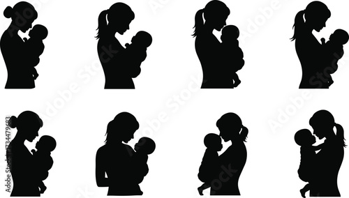 PrintMother silhouette holding baby, mom love, family bond, parent child affection, maternal care, newborn relationship, childcare illustration, motherhood artwork, family connection