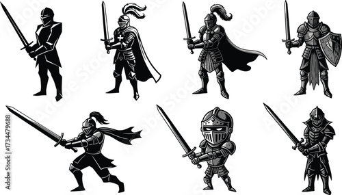 PrintMedieval knights illustration, armored warriors with swords, black and white knight silhouettes, heroic crusaders, battle ready fighters, fantasy warriors, vintage style