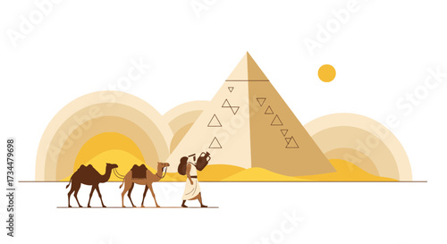 Egypt landscape with pyramid, camels, and a person walking across the desert plain