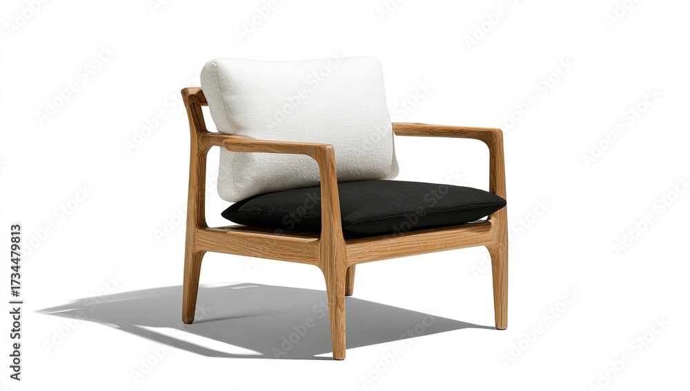 Fototapeta premium Modern wooden armchair with black and white cushions casting a shadow