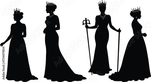 PrintQueen silhouette illustration, royal women in crowns, elegant princess figures, regal ladies with scepter, vintage monarchy artwork, noble characters, fantasy royalty, elegance