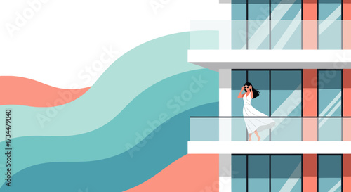 Elegant woman enjoying the breeze on a modern building balcony illustration