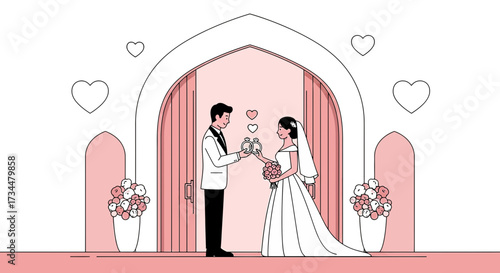 Elegant wedding ceremony illustration with a couple exchanging rings in a church setting
