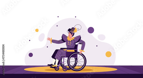 Empowered performer showcasing theatrical talent from wheelchair on colorful stage