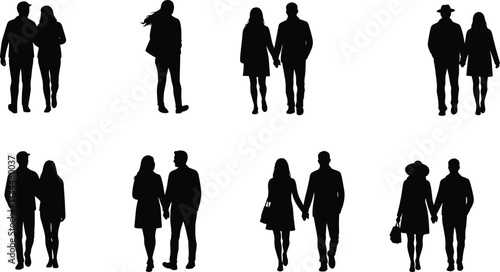 PrintSilhouette couples walking together, romantic partners holding hands, love relationship concept, black vector illustration, companionship, friendship, fashion style, isolated white background