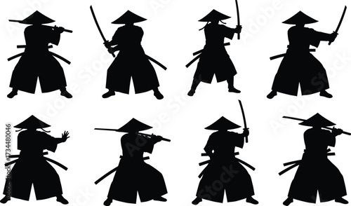 PrintSamurai warrior silhouettes, traditional Japanese fighters with katana swords, martial arts poses, bushido culture, combat stances, ancient Japan illustration, vector