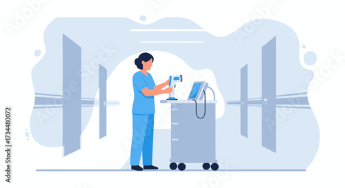 Female healthcare worker preparing medical equipment in a hospital corridor setting