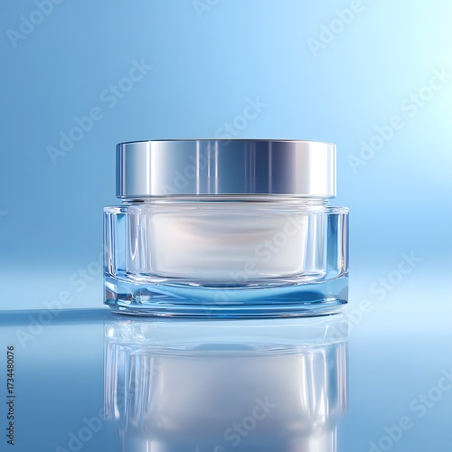Luxurious glass jar of hydrating cream with silver lid reflecting soft blue light on a sleek surface, perfect for beauty and skincare advertising.