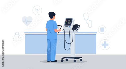 Female nurse taking blood pressure readings in clinic setting, healthcare professional interaction