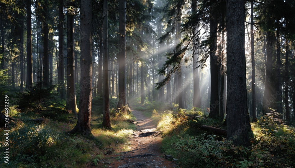 Fototapeta premium Morning In The Woods: Beauty Of Nature, Sunrays Peeking Through The Tree Trunks On A Forest Path, Captivating Scenery.