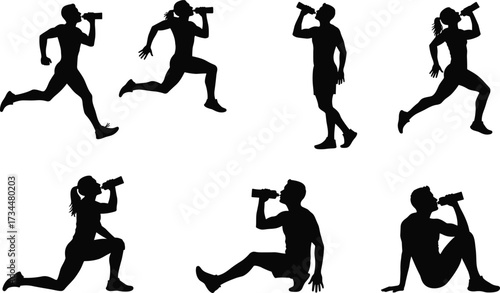 PrintSilhouette of athletes drinking water, running, workout exercise, fitness hydration, gym training, sports health, man and woman jogging illustration