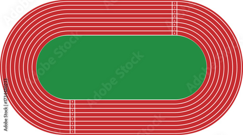 Top View Vector Illustration of an Oval Red Running Track with Green Field