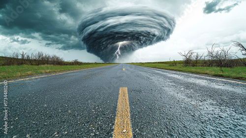 Tornado on Road with Gray Sky: Empty Highway Leading to Tornado Thunderstorm in Rural November Landscape – Challange Concept
