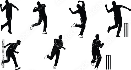 PrintSilhouette of cricket bowler in action, sports player bowling, cricket match illustration, athlete throwing ball, professional cricket game, competition