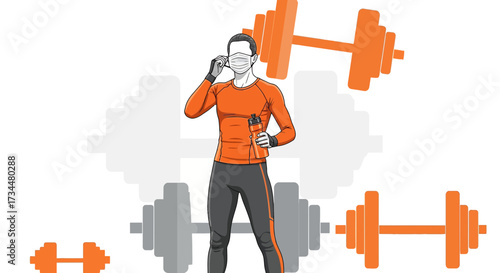 Fitness and health concept during pandemic showing person with mask and weights