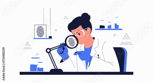 Forensic scientist examining a fingerprint evidence with a magnifying glass in laboratory