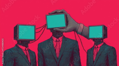 A surreal illustration depicting three suited figures with TV screens for heads, manipulated by a giant hand, symbolizing themes of control and media influence.