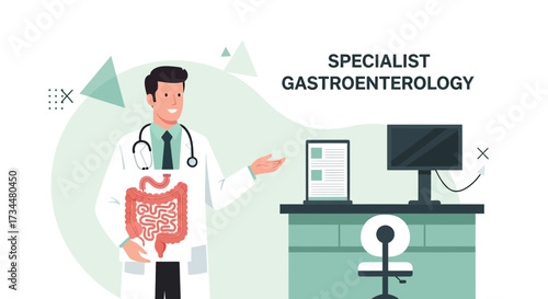 Gastroenterology Specialist Doctor in Medical Office Illustrating Digestive System with Medical