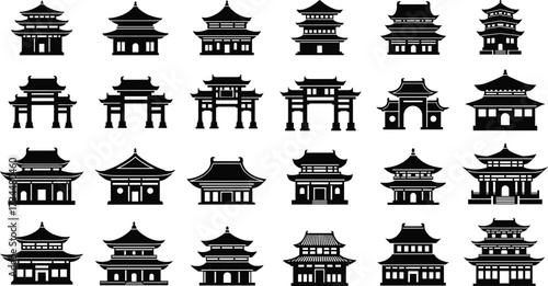 Collection of 25 traditional East Asian architecture silhouette icons featuring pagodas, temples, gates, and pavilions in cultural vector design