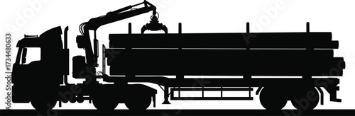 PrintSilhouette of logging truck with crane, timber transportation vehicle, industrial cargo truck, heavy equipment, forestry machine, wood transport, construction vehicle, logistics