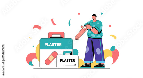 Illustrated Man Applying Plaster to Arm with First Aid Kit and Colorful Background