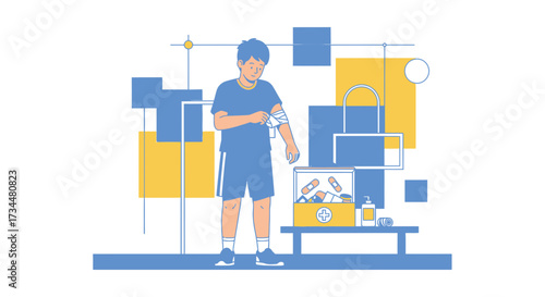 Illustrated scene depicting a young boy bandaging his arm with a first aid kit nearby