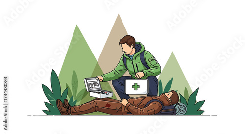 Illustrated scene of a hiker assisting an injured companion with a first aid kit outdoors showing