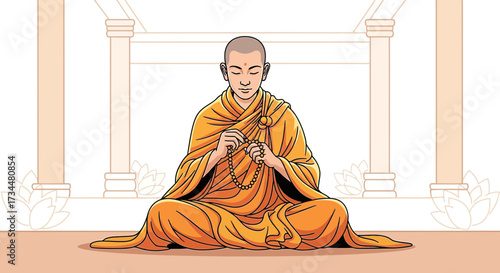 Illustration depicting a buddhist monk meditating with mala beads in a serene temple setting