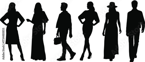PrintSilhouette of men and women standing, fashion style models, walking people in casual clothes, elegant poses, isolated black vector illustration