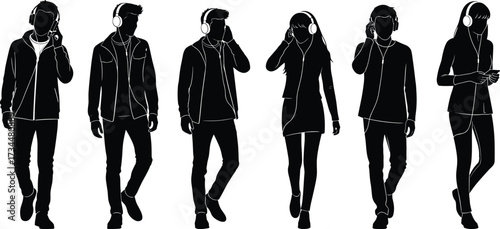 PrintSilhouette of people wearing headphones, men and women listening to music, casual lifestyle, digital entertainment, urban fashion, walking and relaxing
