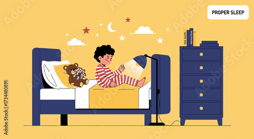 Illustration depicting a child with a teddy bear getting ready for sleep in bed
