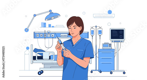 Illustration depicting a nurse preparing an injection in a hospital room setting medical precision