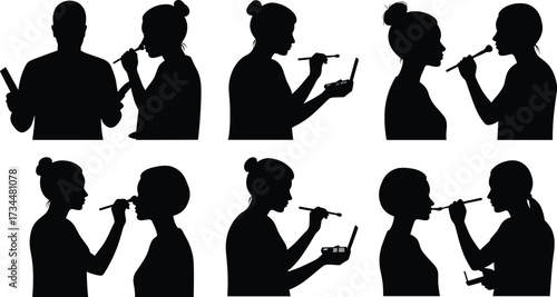 PrintSilhouette people applying makeup with brush, cosmetic palette, beauty routine, professional artist, woman face care, fashion style, skincare illustration vector