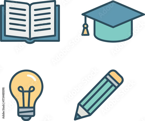 Education, Knowledge, Idea & Creativity Icons: Book, Graduation Cap, Bulb, and Pencil Vector